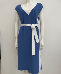 Abito CorteDeiGonzaga 2080E2045 Abito in gersy colore indaco, con bande laterali e scollo a V. il dietro a goccia si allaccia con il laccettino coordinato, che lascia scoperta una parte della schiena cinta in gersy coordinata bianca